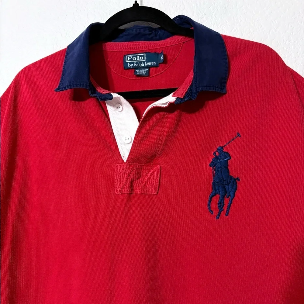 Vintage Polo Ralph Lauren Rugby Red Shirt with Navy Accents Big Pony #3 Sleeve